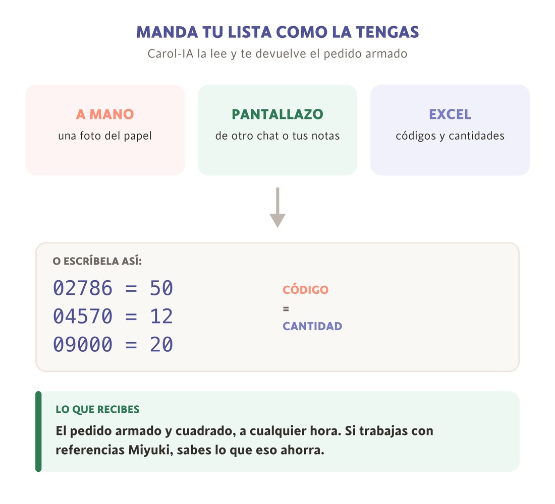 Carol-IA lee tu lista a mano, en pantallazo o en Excel, y también el formato código igual cantidad