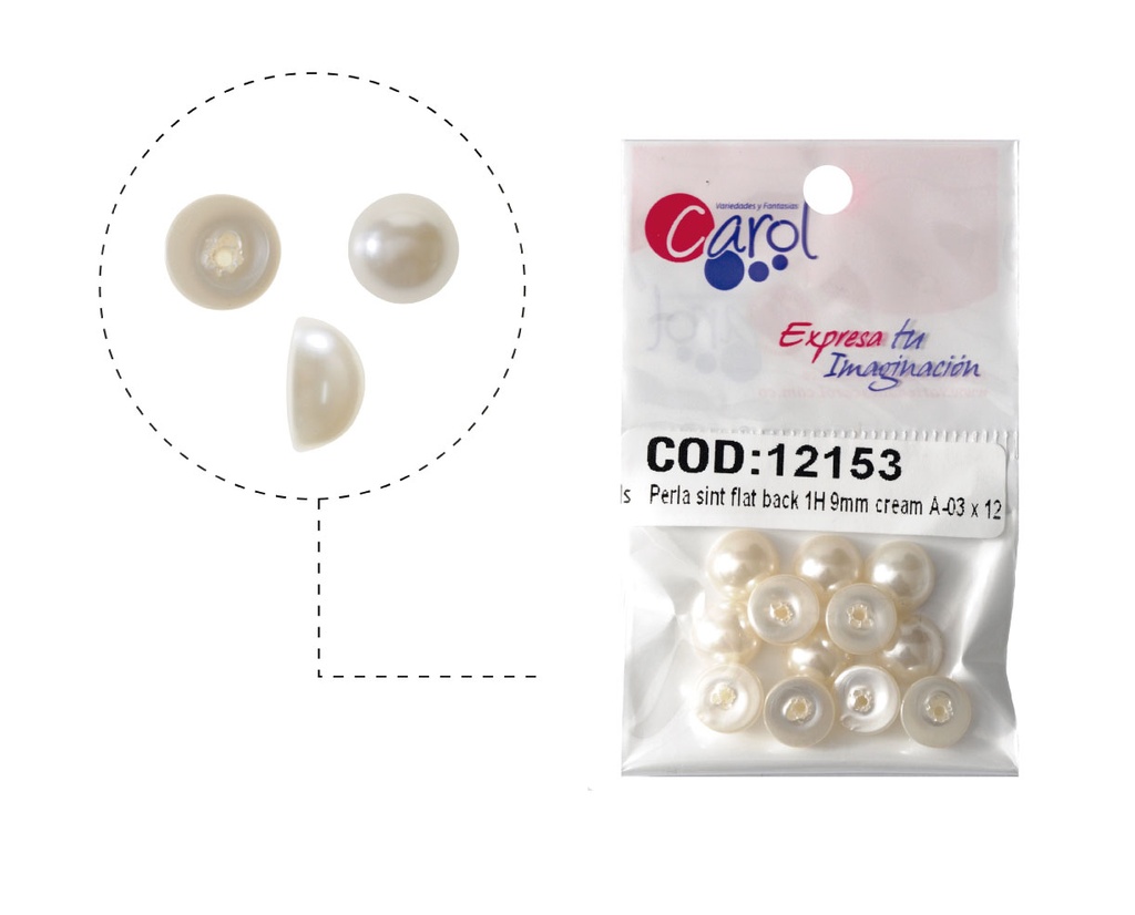 Media perla sintetica base plana 1H 9mm cream A-03 x 12unds