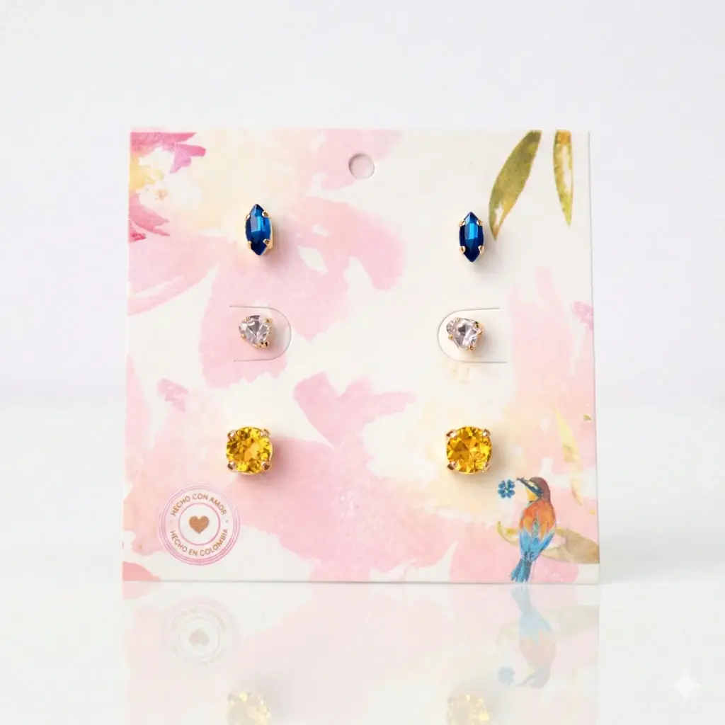 Set 3 pares de aretes navette + corazon + topo