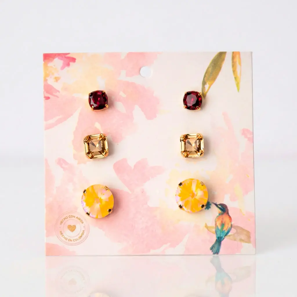 Set 3 pares de aretes cushion + imperial + rivoli