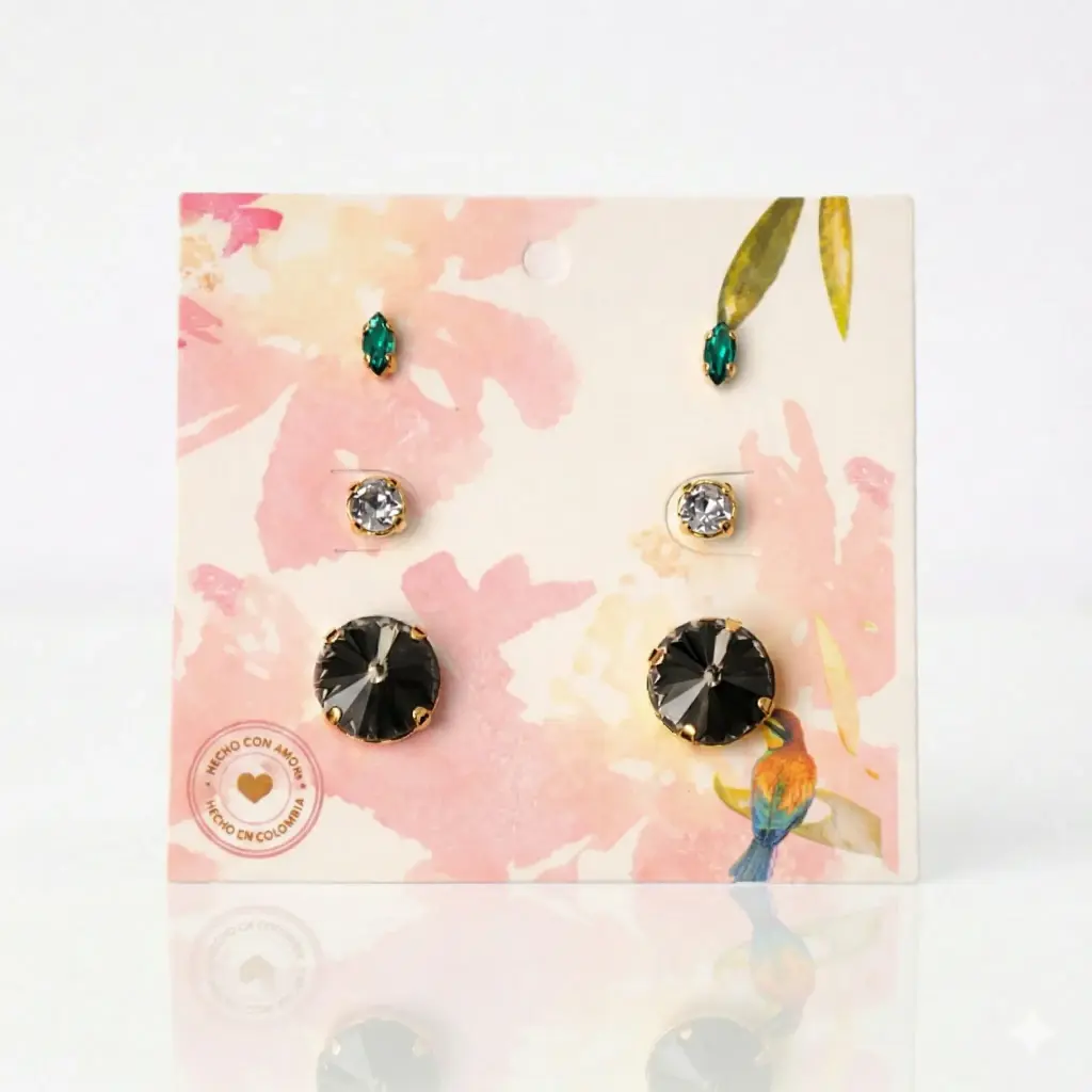 Set 3 pares de aretes navette + topo + rivoli