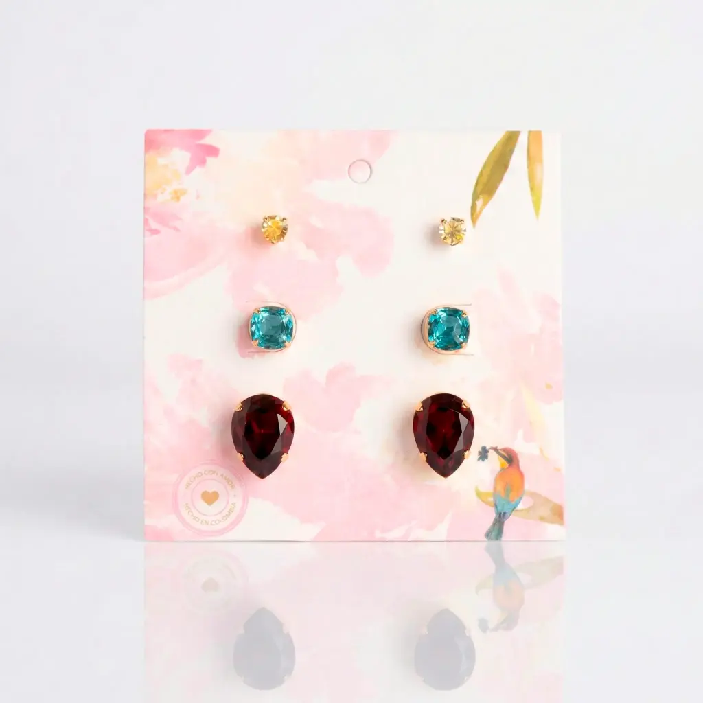Set 3 pares de aretes corazon + pera + topo
