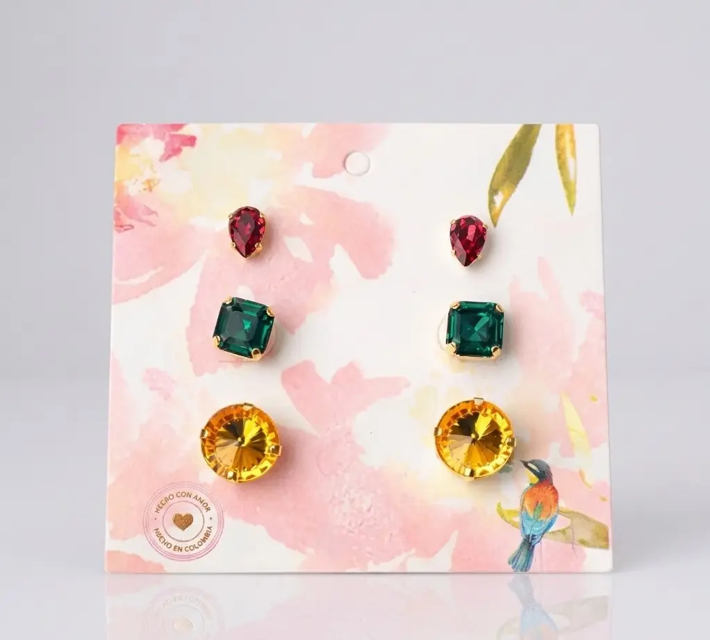 Set 3 pares de aretes imperial + rivoli + topo