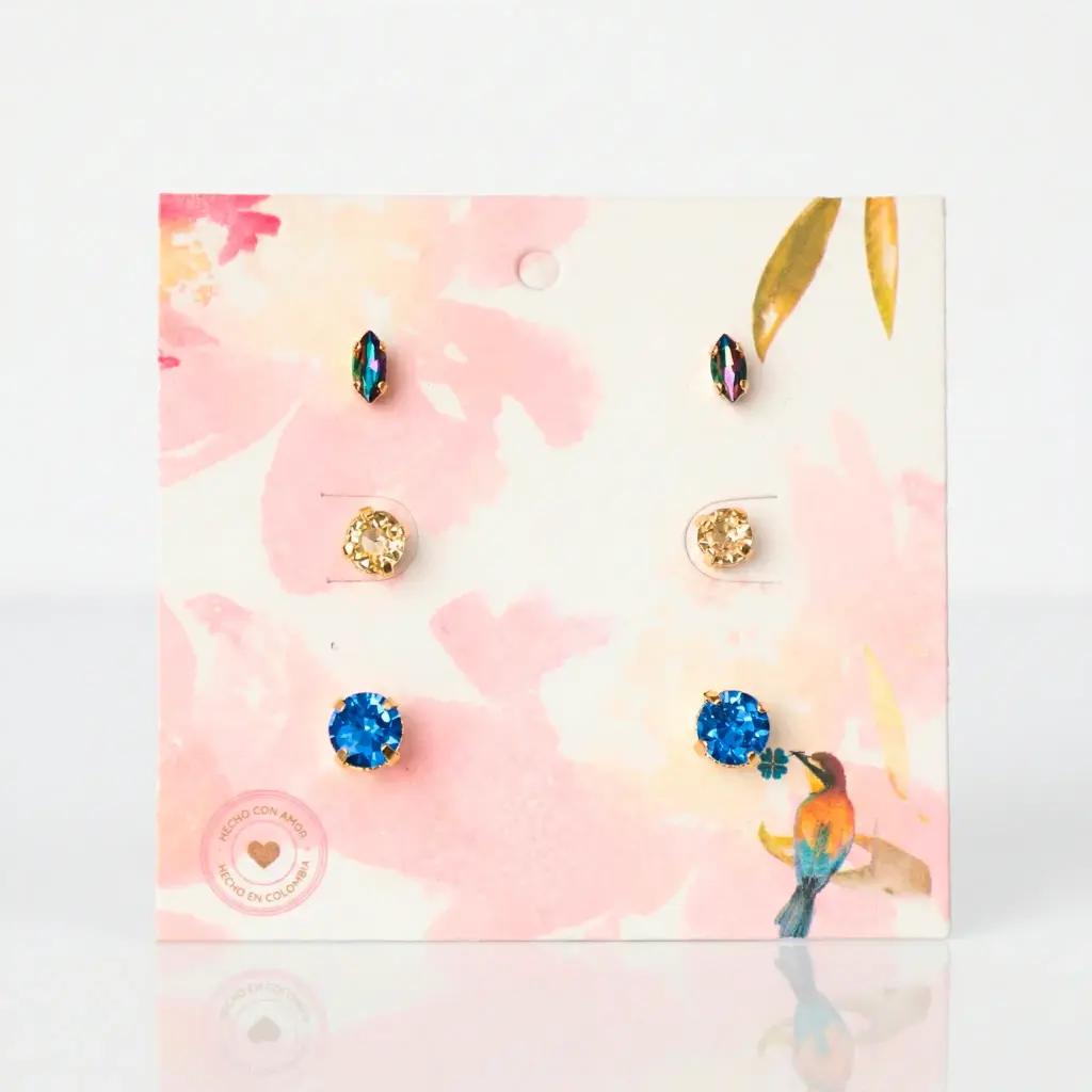Set 3 pares de aretes navette + 2 topos