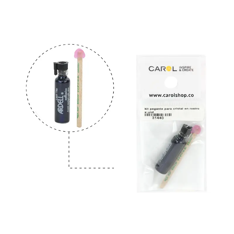 Kit para cristal en rostro: frasco de adhesivo cosmético y lápiz de cera para levantar las piedras