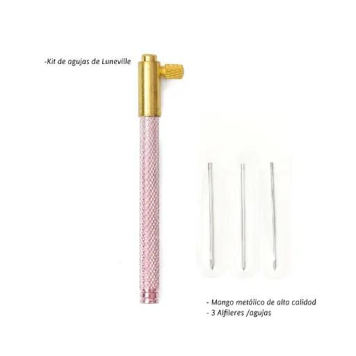 [02614] Kit de Agujas bordado luneville 0.8mm, 1mm y 1.2mm (mango rosado