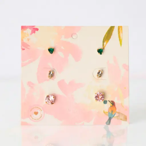 Set 3 pares de aretes corazon + navette + topo
